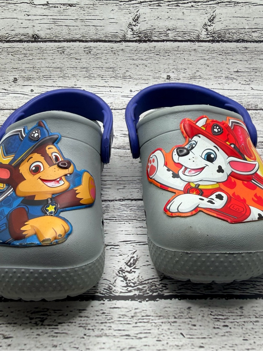 CROCS Grey Kids Clog Sandals with Blue Straps and Paw Patrol Accents